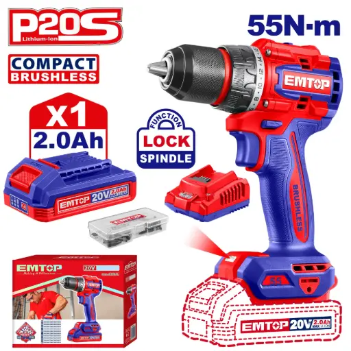 [ULCDL205582] TALADRO INALAMBRICO  1/2" 20V 55 N.M FUNCION DE IMPACTO INCLUYE 1  BATERIA DE 2.0AH, CARGADOR,47 ACCESORIOS
