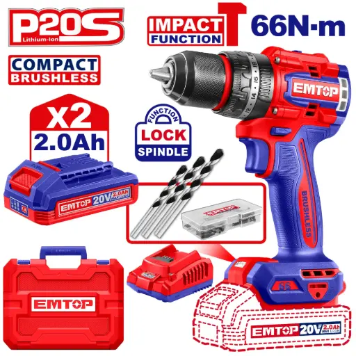 [ULCIDL20668] TALADRO INALAMBRICO 1/2" 20V 66 N.M FUNCION DE IMPACTO  INCLUYE 2  BATERIA DE 2.0AH, CARGADOR,47 ACCESORIOS,3 BROCAS CONCRETO INDUSTRIAL 