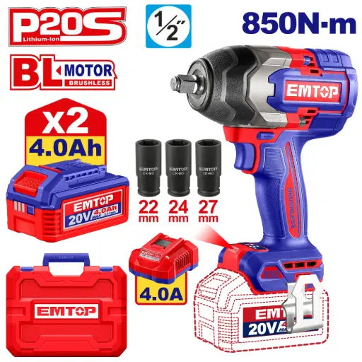 [ULCIWL2085] LLAVE IMPACTO DADO CUADRADO 1/2"  MOTOR SIN ESCOBILLAS  850 N.M INCLUYE 2 BATERIAS DE 2.0AH , CARGADOR  Y 3 DADOS 22,2,27MM 