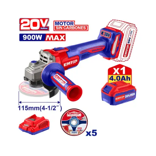 [ULAG261521] CORDLESS ANGLE GRINDER 20 V 4-1/2" WITH BRUSHLESS MOTOR, MAX POWER 900 W, VARIABLE SPEED 3,000–9,000 RPM, INCLUDES 1 x 4.0 AH BATTERY, CHARGER AND 5 METAL CUTTING DISCS EMTOP