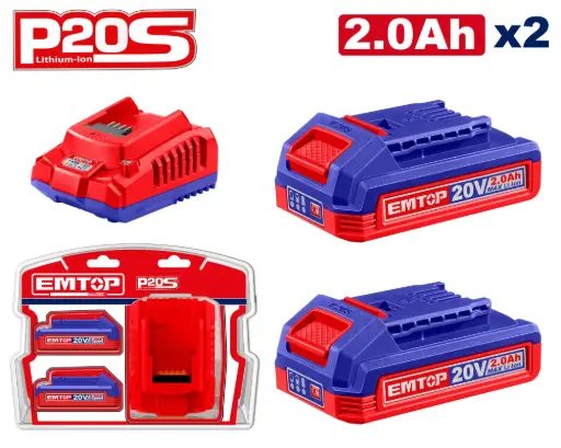 [ULBCPK2212] LITHIUM-ION BATTERY 20V 2.0 AH SET 2 PCS WITH INTELLIGENT FAST CHARGER, COMPATIBLE WITH P20S CORDLESS TOOLS EMTOP