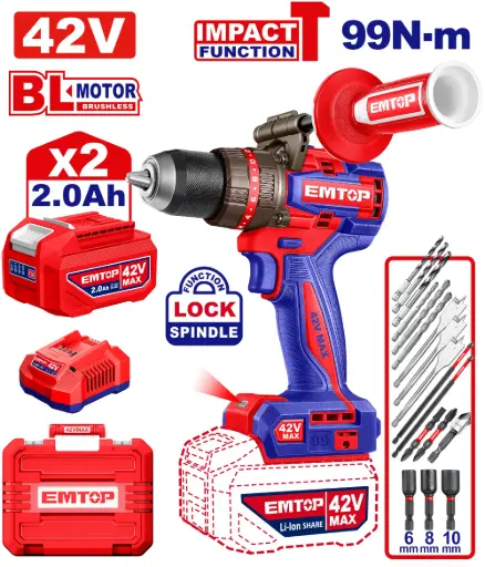 [ULCIDL429982] TALADRO INALAMBRICO 99N.M 42V FUNCION DE IMPACTO, MOTOR SIN ESCOBILLAS INCLUYE 2 BATERIAS 2.0AH, CARGADOR Y ACCESORIOS T