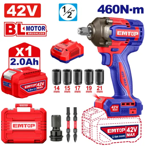 [ULCIWL42461] LLAVE IMPACTO DADO CUADRADO 1/2" 42V 460NM  MOTOR SIN ESCOBILLAS INCLUYE 1 BATERIA 2.0AH, CARGAODR Y ACCESORIOS.