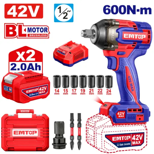[ULCIWL42602] LLAVE IMPACTO DADO CUADRADO 1/2" 42V 600NM  MOTOR SIN ESCOBILLAS INCLUYE 2 BATERIA 2.0AH, CARGAODR Y ACCESORIOS.