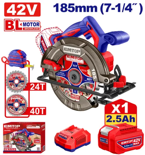 [ULCS4218511] SIERRA CIRCULAR 42V DISCO 7-1/4" (185MM) MOTOR SIN ESCOBILLAS  4800 RPM CORTE 45°-45MM Y 90°-65MM INCLUYE 1 BATERIA 2.5AH, CARGADOR Y ACCESORIOS 