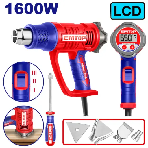 [ULHGN16056] PISTOLA DE CALOR 110-220V 1600W PANTALLA LCD   50°600°C  TEMPERATURA AJUSTABLE INCLUYE ACCESORIOS
