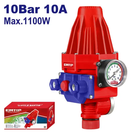 [ULAPC1201] AUTOMATIC WATER PUMP PRESSURE CONTROLLER WITH PRESSURE GAUGE, 110–120 V, 50/60 HZ, MAX POWER 750 W, 10 BAR, 10 A, IP65 PROTECTION EMTOP