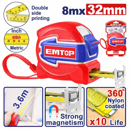 [EMTP80832] MEASURING TAPE DOUBLE SIDED NYLON COATED 8 MTS X 32 MM EMTOP