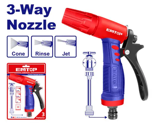 [ESNE10301] PISTOLA BOQUILLA DE AGUA DE PLÁSTICO AJUSTABLE A 3 VÍAS, CON CONECTOR RÁPIDO DE 3/4".