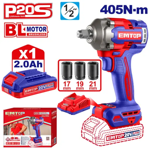 [ULCIWL20455] LLAVE IMPACTO DADO CUADRADO 1/2"  MOTOR SIN ESCOBILLAS  405 N.M INCLUYE 1 BATERIA DE 2.0AH , CARGADOR  Y 3 DADOS 17,19,21MM 