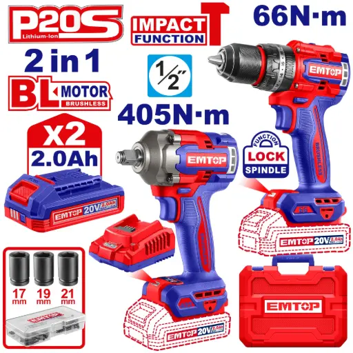 [ULCKL20286] COMBO 20V LLAVE  IMPACTO DADO CUADRARO 1/2" 405N.M + TALADRO 1/2" 66N.M CON FUNCION DE IMPACTO INCLUYE 2 BATERIAS DE 2.0AH, CARGADOR Y ACCESORIOS