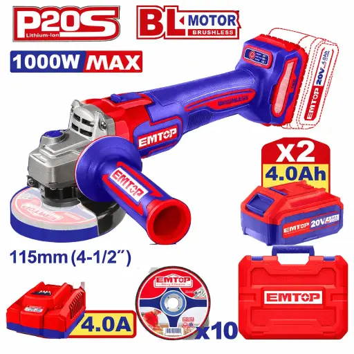 [ULAG271532]  ESMERILADORA INALAMBRICA 4-1/2" 20V 1000W INCLUYE 2 BATERIA 4.0AH, CARGADOR Y 10 DISCOS DE CORTE DE METAL