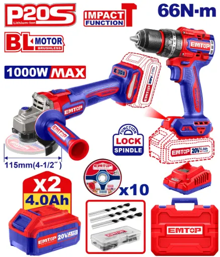 [ULCKL20273] COMBO 20V ESMERILADORA INALAMBRICA 4-1/2" 20V 1000W  + TALADRO 1/2" 66N.M CON FUNCION DE IMPACTO INCLUYE 2 BATERIAS DE 4.0AH, CARGADOR Y ACCESORIOS