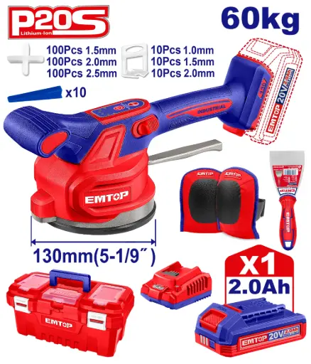 [ULTVM20018] VIBRADOR DE BALDOSA INALAMBRICA 20V CON VENTOSA CAP 60KG INCLUYE 1 PAR DE RODILLERAS, ESPATULA, SEPARADORES DE BALDOSA (1.0-1.5-2.0), 1 BATERIA 2.0AH , CARGADOR Y CAJA HERRAMIENTA 