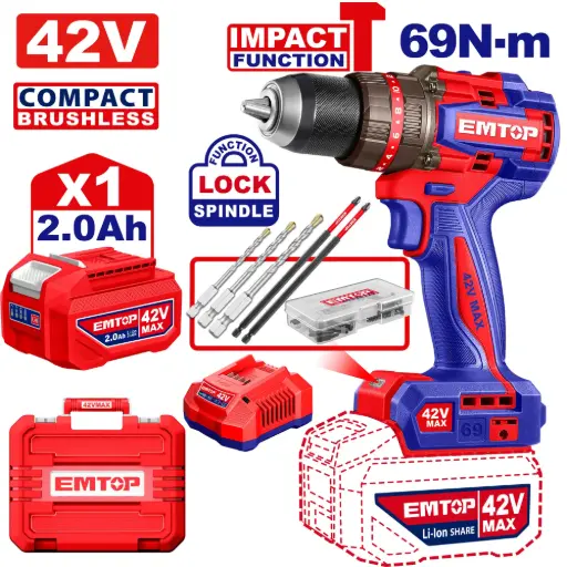 [ULCIDL426981] TALADRO INALAMBRICO 69N.M 42V FUNCION DE IMPACTO, MOTOR SIN ESCOBILLAS INCLUYE 1 BATERIA 2.0AH, CARGADOR Y ACCESORIOS 