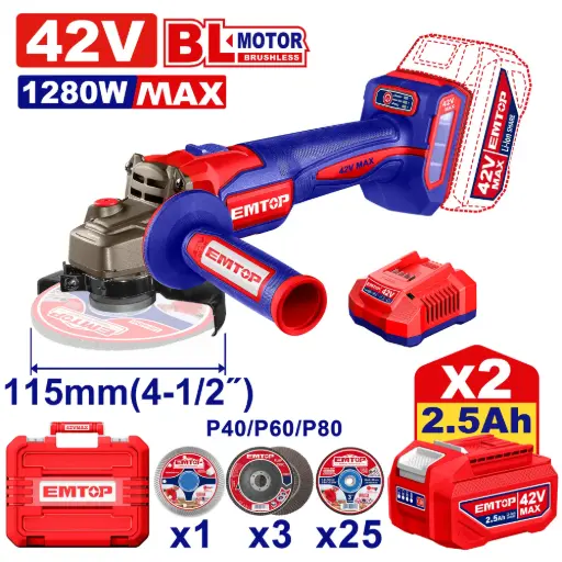 [ULAG4128112] ESMERILADORA INALAMBRICA 4-1/2" 42V 1280W INCLUYE 2 BATERIA 2.5AH, CARGADOR Y 29 DISCOS 