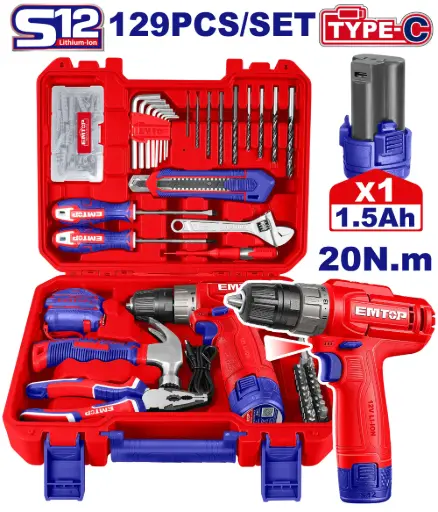 [EEDK12901] TALADRO INALÁMBRICO 12V 20NM CARGA USB TIPO C CON SET DE HERRAMIENTAS 129 PIEZAS. INCLUYE BATERÍA Y ACCESORIOS.