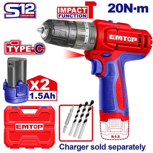 [ECIDL12206] CORDLESS IMPACT DRILL 12V 1/32-3/8" EMTOP 
