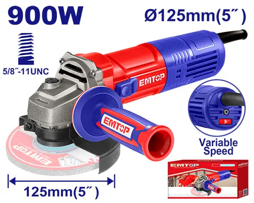 [ULAGRS09051] ANGLE GRINDER 5" WITH VARIABLE SPEED, 110–120 V, 50/60 HZ, 900 W, NO-LOAD SPEED 5,000–12,000 RPM, 5/8"–11 UNC SPINDLE, AUXILIARY HANDLE INCLUDED EMTOP