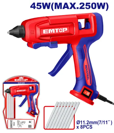 [ULGGU4001] PISTOLA DE SILICON CON 8 BARRAS DE PEGAMENTO 40W. DIÁMETRO DE BARRA 11.2 MM. VOLTAJE: 110-120V ~ 50/60HZ.