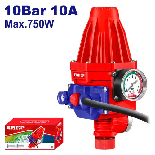 [ULAPCC1251] AUTOMATIC WATER PUMP PRESSURE CONTROLLER WITH PRESSURE GAUGE, 110–120 V, 50/60 HZ, MAX POWER 750 W, 10 BAR, 10 A, IP65 PROTECTION, 0.5 M CABLE EMTOP