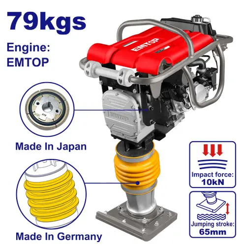 [ETRR657902] GASOLINE RAMMER COMPACTOR JUMPING JACK, 4.8 KW (6.5 HP) PETROL ENGINE, 79 KG, 10 KN IMPACT FORCE, 2.0 L FUEL TANK, FOR PROFESSIONAL CONSTRUCTION USE EMTOP