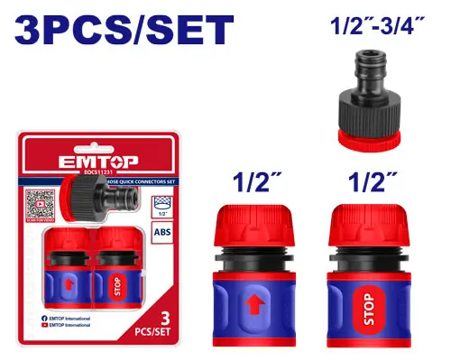 [EQCS11231] CONECTORES RÁPIDOS DE MANGUERA 1/2" Y 3/4". SET DE 3 PIEZAS.