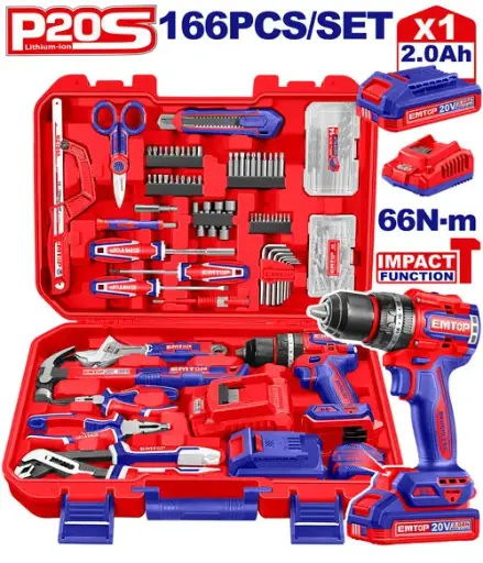 [ULEDK16601] TALADRO INALAMBRICO 1/2" CON FUNCION DE IMPACTO, 20V  66 NM CON JUEGO DE HERRAMIENTAS 166 PIEZAS, INCLUYE BATERIA 2.0AH, CARGADOR, ACCESORIOS.