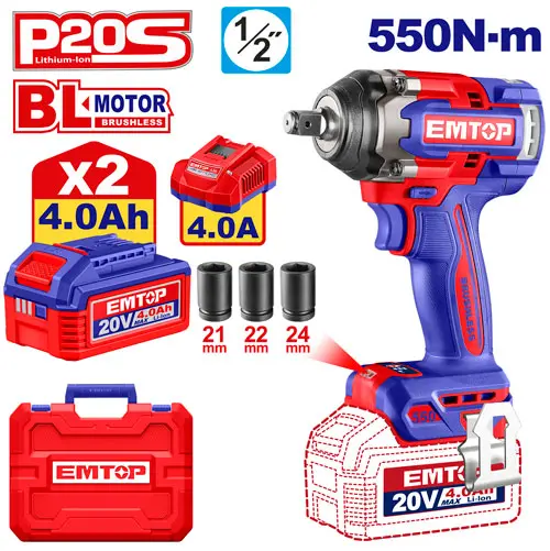 [ULCIWL2055] LLAVE IMPACTO DADO CUADRADO 1/2" MOTOR SIN ESCOBILLAS  550 N.M INCLUYE 2 BATERIAS DE 4.0AH , CARGADOR  Y 3 DADOS 21,22,24MM 
