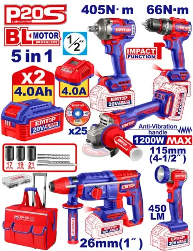 [ULCKL20256] COMBO 20V ESMERILADORA INALAMBRICA 4-1/2" 20V 1000W  + TALADRO 1/2" 66N.M CON FUNCION DE IMPACTO INCLUYE 2 BATERIAS DE 4.0AH, CARGADOR Y ACCESORIOS