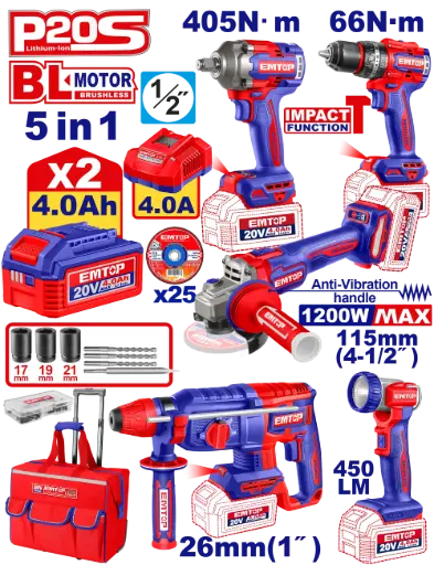 [ULCKL20595] COMBO INALAMBRICO 20V TALADRO ROTOMARTILLO 1"  SDS PLUS 2,5 JULES + PISTOLA IMPACTO INALAMBRICA 1/2" 405NM +  TALADRO DE IMPACTO 1/2" 66NM + PULIDORA  4 1/2" 1200W  + LINTERNA INALAMBRICA 450 LUMENES  + 2 BATERIAS 4.0AH + CARGADOR INCLUYE ACCESORIOS