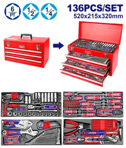 [EHTS41368] SET X 136 PIEZAS DE HERRMAIENTA EN CAJA METALICA 3 NIVELES. SE VENDE EN JUEGO